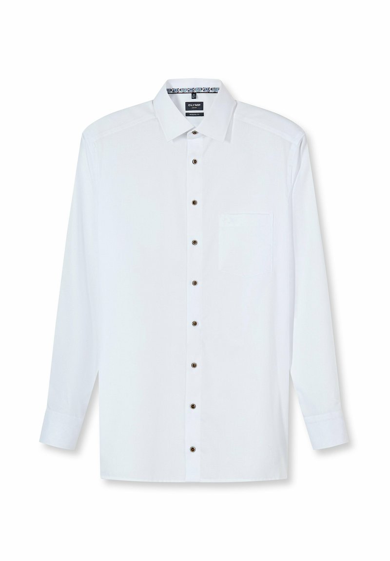 Weißes Langarmhemd mit Kragen, ausgestattet mit einer Brusttasche und braunen Knöpfen. Glatter Stoff mit feiner Textur.