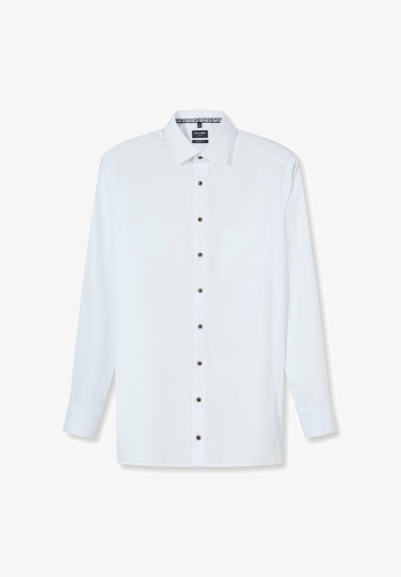 Weißes Langarmhemd mit Kragen, ausgestattet mit einer Brusttasche und braunen Knöpfen. Glatter Stoff mit feiner Textur.