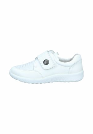 White leather casual shoe with textured front, wide velcro strap, and round metallic button on side, on a white background.