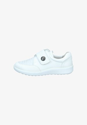 White leather casual shoe with textured front, wide velcro strap, and round metallic button on side, on a white background.