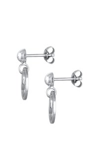 Silver örhängen med stift i rund form och en loopad detalj samt en cirkulär hängande del, med en slät yta och polerad finish.
