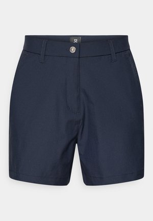 Dugine plave kratke hlače od laganog materijala imaju ravni prednji dio, zatvaranje na jednoj tipki i bočne džepove; glatka tekstura s minimalnim detaljima.