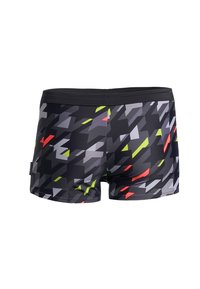 Shorts de bain noirs avec un motif géométrique en gris, rouge et vert lime, présentant une texture lisse et une ceinture élastique confortable.