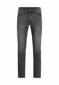 Jeans de mezclilla gris oscuro con corte recto, cinco bolsillos y cinturilla con botón. Sutil textura de degradado y detalles de costura clásica.
