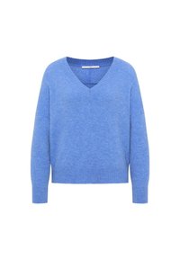 Blauer Wollpullover mit V-Ausschnitt, überschnittenen Schultern und geripptem Saum sowie Bündchen. Weicher Stoff, lässige Passform und einfarbig.