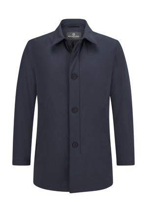 Marineblaue Regenjacke mit Knopfleiste, Kragen, langen Ärmeln und zwei Seitentaschen. Glattes, wasserabweisendes Material.