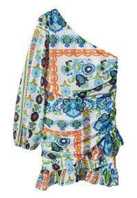 Robe asymétrique à une épaule en tissu léger, ornée d'un motif floral multicolore, avec un ourlet volants et des détails froncés.