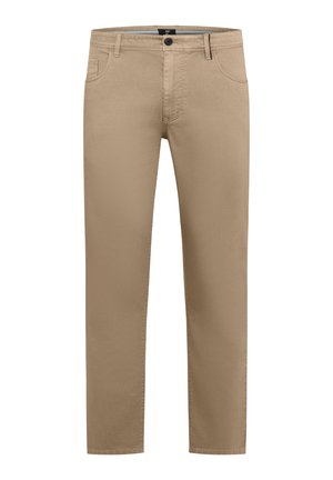 Beige gerade geschnittene Hose mit Knopf und Reißverschluss vorne, Gürtelschlaufen und Vordertaschen, dargestellt auf weißem Hintergrund.