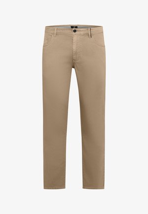 Beige gerade geschnittene Hose mit Knopf und Reißverschluss vorne, Gürtelschlaufen und Vordertaschen, dargestellt auf weißem Hintergrund.