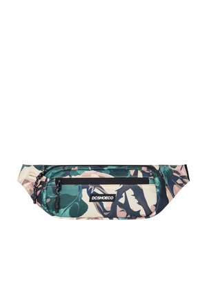 Bum Bag im floralen Design mit grünen, navyblauen und beigen Farbtönen. Hergestellt aus strapazierfähigem Stoff mit einer vorderen Reißverschlusstasche und einem Logo-Detail.