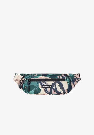 Bum Bag im floralen Design mit grünen, navyblauen und beigen Farbtönen. Hergestellt aus strapazierfähigem Stoff mit einer vorderen Reißverschlusstasche und einem Logo-Detail.