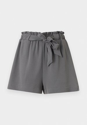 Grijze shorts met hoge taille, een gerimpelde tailleband en een stoffen riem die vooraan in een strik is geknoopt.