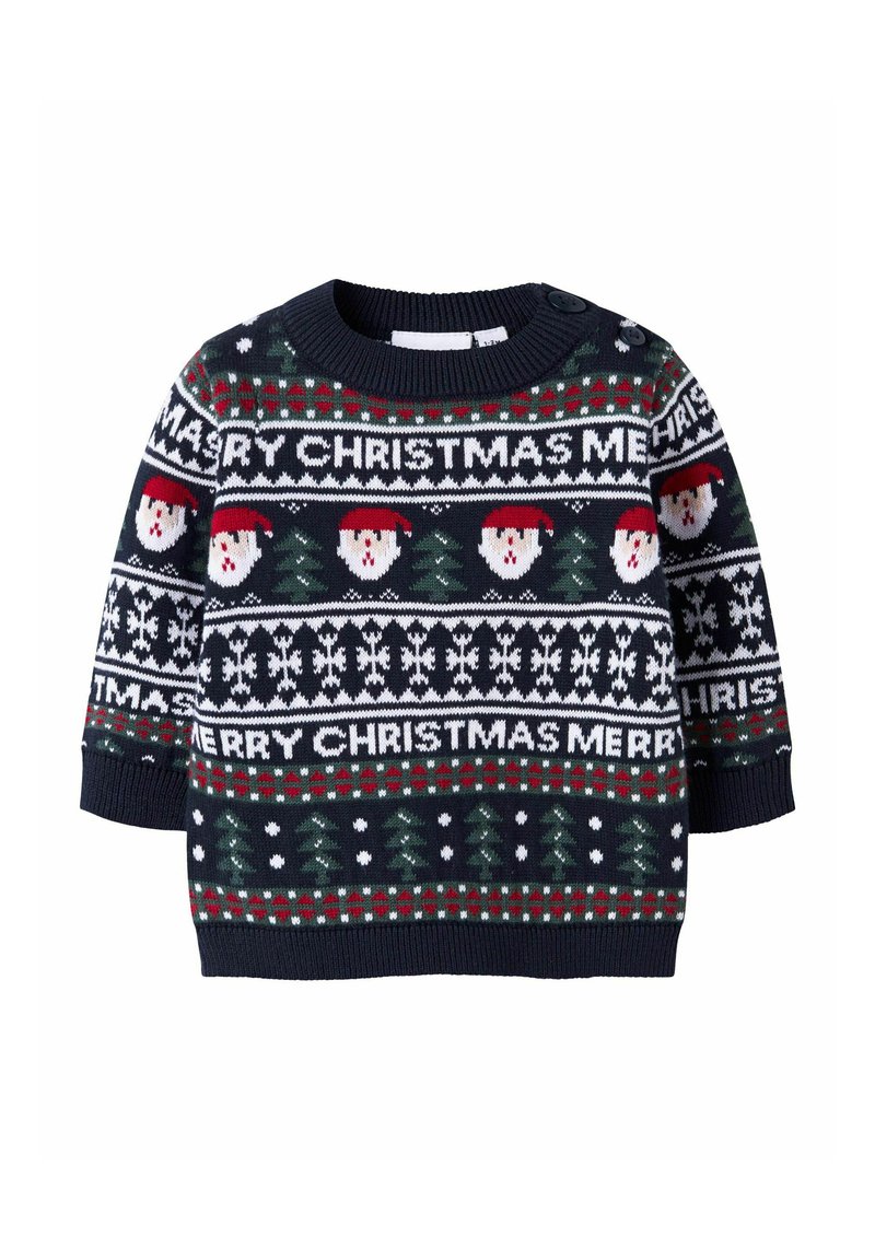 Maglione di Natale lavorato a maglia blu navy con volti di Babbo Natale, alberi di Natale e la scritta "BUON NATALE" in rosso e bianco, con polsini e scollatura a coste.