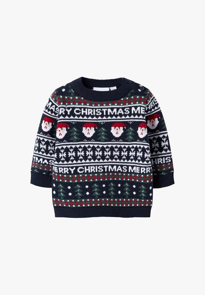 Mornarska pletena božićna majica sa slikama Djeda Božićnjaka, božićnih drvca i natpisom "SRETAN BOŽIĆ" u crvenoj i bijeloj boji, s rebrastim manžetama i izrezom.