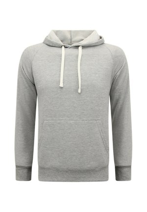 Lichtgrijze capuchontrui met witte trekkoorden, kangaroezak aan de voorkant, geribbelde manchetten en zoom, weergegeven op een witte achtergrond.