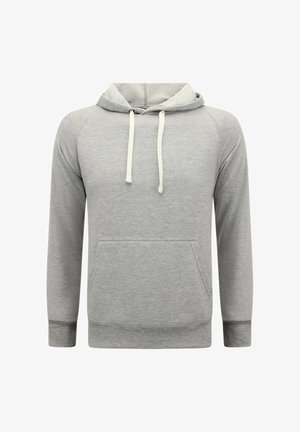 Lichtgrijze capuchontrui met witte trekkoorden, kangaroezak aan de voorkant, geribbelde manchetten en zoom, weergegeven op een witte achtergrond.