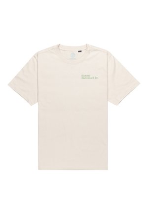 Ljusbeige kortärmad t-shirt i bomull, med en liten grön logotyp på vänster bröstområde. Klassisk rundhalsdesign.