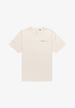 Jasnobeżowy t-shirt z krótkim rękawem wykonany z bawełny, z małym zielonym logo na lewej piersi. Klasyczny dekolt typu crew neck.