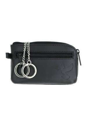 Black leather pouch with front zipper, two silver key rings on chains, and embossed dove holding an olive branch on the lower right.
