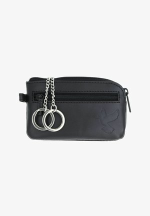 Black leather pouch with front zipper, two silver key rings on chains, and embossed dove holding an olive branch on the lower right.