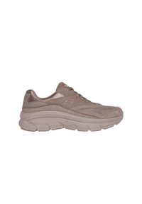 Shoe with a beige textile upper featuring mesh and suede textures, rounded toe, and a chunky cushioned sole for support.