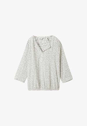 Langarmbluse in Hellgrau mit einem strukturierten geometrischen Muster. Hat einen V-Ausschnitt und einen elastischen Saum für eine lockere Passform.