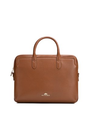 Hnědá texturovaná kožená aktovka s dvojitými rukojeťmi, zapínáním na zip a logem Wittchen umístěným uprostřed poblíž spodní části.