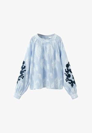 Blusa a maniche lunghe azzurro chiaro con motivi floreali bianchi e ricami floreali blu scuro sulle maniche, caratterizzata da uno scollo rotondo e polsini arricciati.