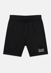 Pantalones cortos deportivos negros con una cinturilla elástica, que cuentan con bolsillos laterales y un logo blanco de EA7 en el lado inferior derecho. Textura suave.