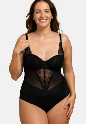 Bodysuit noir avec un panneau en dentelle à motifs floraux, bonnets avec armatures, bretelles ajustables et une finition lisse et élégante.