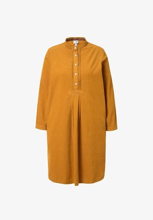 Mustard yellow corduroy dress with a collared neckline, long sleeves, front button placket, and pintuck detailing. Features a logo at the hem.