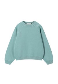 Sweatshirt bleu clair en tissu doux. Présente des manches raglan, un col ras du cou et des poignets côtelés avec une coupe décontractée.
