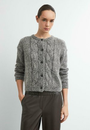 Young woman with dark hair in a gray cable-knit buttoned sweater and dark pants, standing with one hand in pocket against plain background.
