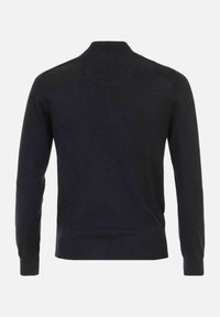 Dunkler Pullover mit rundem Kragen, langen Ärmeln und glatter Textur. Der Stoff hat eine einfarbige dunkle Farbe ohne sichtbare Muster.