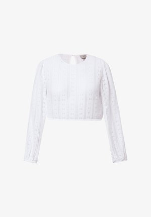 Blusa bianca in pizzo a maniche lunghe con motivi floreali, scollo rotondo, chiusura posteriore a occhiello e spalle leggermente arricciate.