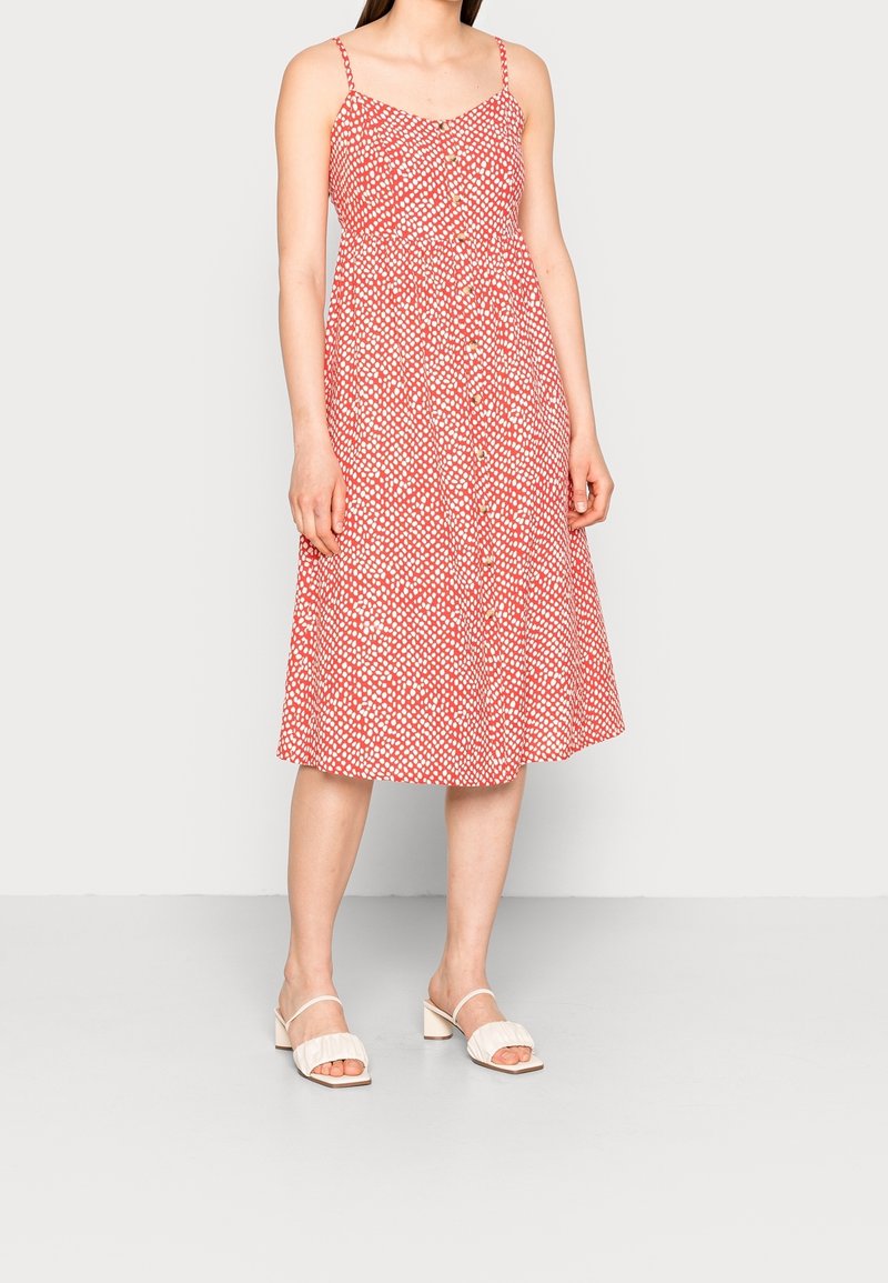 Rotes bedrucktes Midi-Kleid mit dünnen Trägern, tailliertem Oberteil und ausgestelltem Rock, kombiniert mit hellen Sandalen. Der Hintergrund ist ein neutrales Grau.