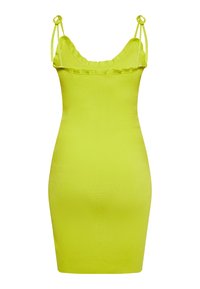 Abito bodycon a righe giallo neon con scollatura arricciata e spalline regolabili, caratterizzato da una silhouette aderente.