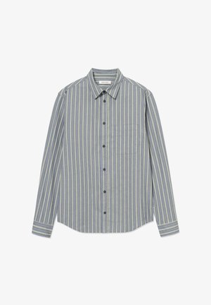 Chemise à manches longues avec boutons, à rayures verticales bleues et jaunes, en coton, avec une poche poitrine et des boutons noirs.