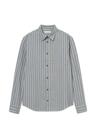 Srajca z dolgimi rokavi s pokončnimi modro-rumeno črtami, iz bombaža, z žepom na prsih in črnimi gumbi.