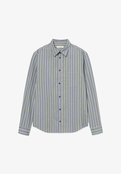 Srajca z dolgimi rokavi s pokončnimi modro-rumeno črtami, iz bombaža, z žepom na prsih in črnimi gumbi.