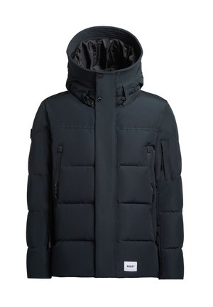 Gepolsterte schwarze Jacke mit hohem Kragen, vorderem Reißverschluss und mehreren Taschen. Bietet ein modernes Design mit einer glatten Oberfläche und einem Logotag.