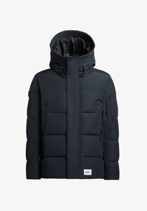 Gepolsterte schwarze Jacke mit hohem Kragen, vorderem Reißverschluss und mehreren Taschen. Bietet ein modernes Design mit einer glatten Oberfläche und einem Logotag.