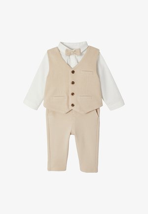 Beige toddler suit set with vest, bow tie, and pants paired with a long-sleeve white shirt, suitable for formal occasions.
