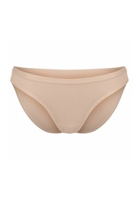 Beige nahtlose Bikiniunterwäsche aus weichem Stretchmaterial. Sie verfügt über ein niedrig geschnittenes Design und glatte, abgerundete Kanten mit minimalen Nähten.