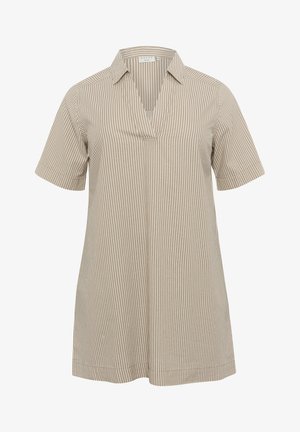 Camicia beige a maniche corte con vestibilità rilassata, dotata di colletto e strisce bianche verticali. Tessuto morbido con una texture liscia.