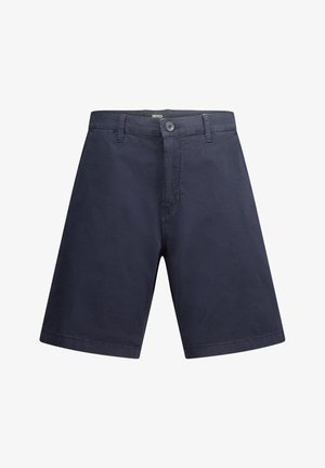 Tummansiniset puuvillashortsit suoralinjaisella leikkauksella, varustettuna yhdellä nappisuljennalla ja vyölenkeillä. Tasainen pinta ilman näkyviä kuvioita.