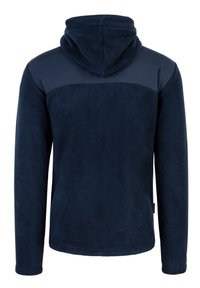 Marineblauer Fleece-Hoodie mit einer glatten oberen Fläche und einem strukturierten Körper. Besitzt eine Kapuze mit Kordelzug und lange Ärmel mit elastischen Bündchen.