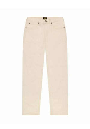 Beige denimbroek met een rechte pijp, klassiek vijf-pocketdesign en metalen knopen. Soepele textuur en minimale stikseldetails.
