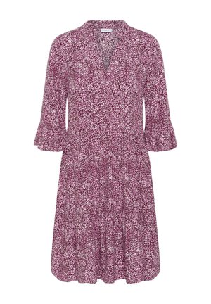 Vestito al ginocchio a pois viola e bianchi con maniche a campana 3/4 e colletto a V.
