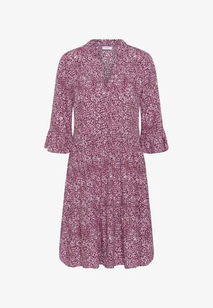 Vestito al ginocchio a pois viola e bianchi con maniche a campana 3/4 e colletto a V.
